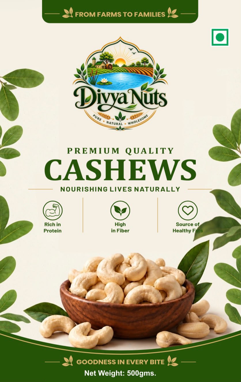 DivyaNuts Premium Cashews 500 g pack, front