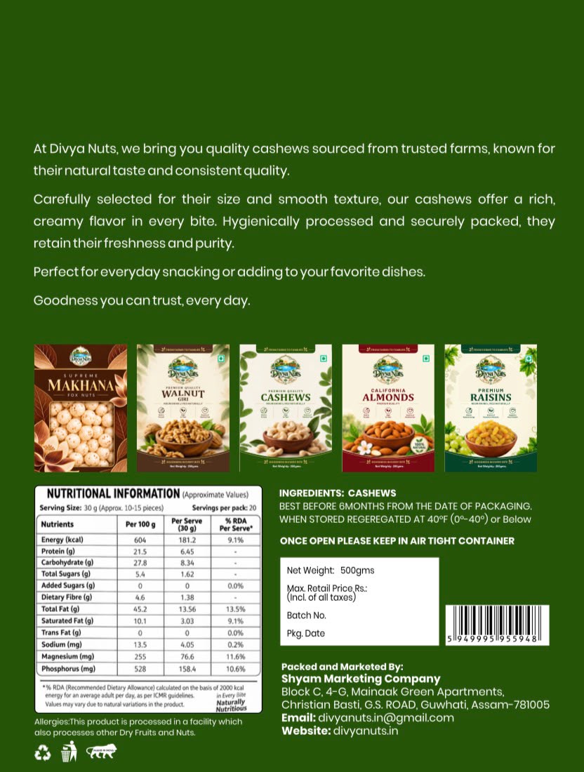 DivyaNuts Premium Cashews 500 g pack, back